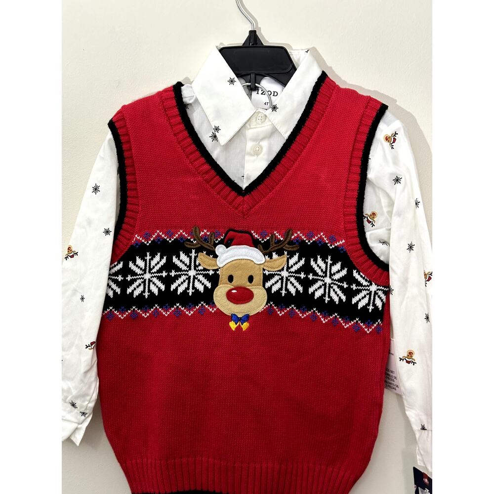 Izod Boys 3 Piece Reindeer Outfit Pants Shirt & Sweater Vest 4T NWT - Picture 2 of 7